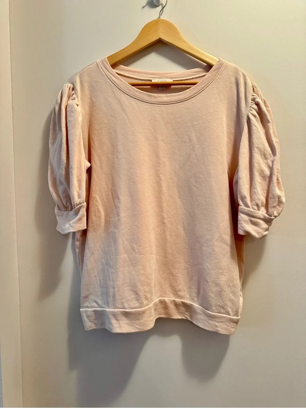 LOFT Pink Pleated Puff Sleeve Sweatshirt 100% Cotton Crewneck Size M